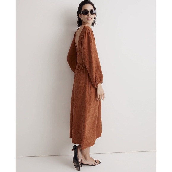 NWT Madewell Womens Midi Dress XS Lightspun V Neck Double Gauze Pockets Brown - Picture 3 of 15